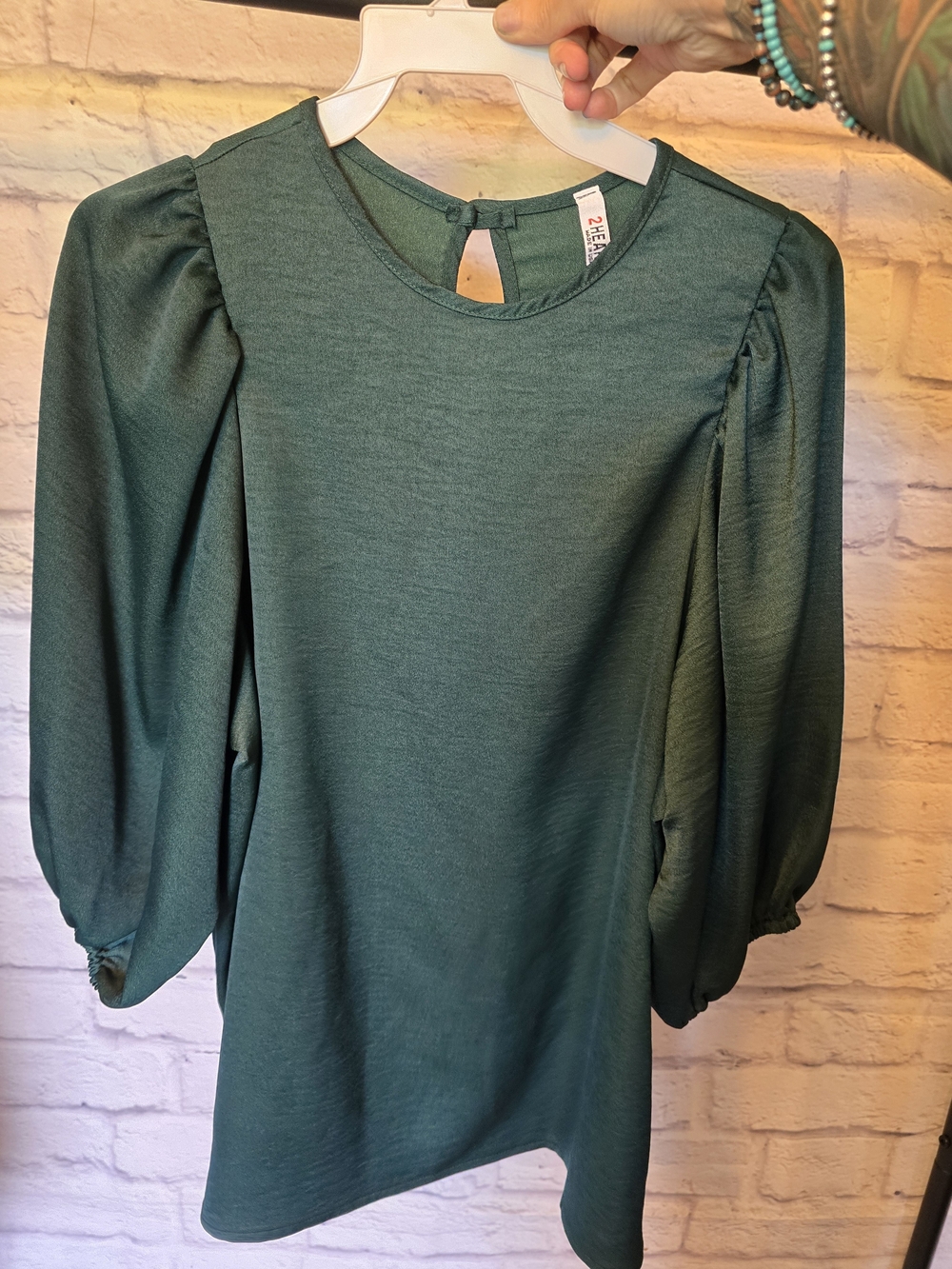 Puff-Sleeve Blouse in Forest Green
